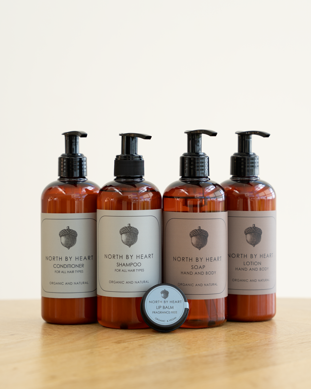 lip balm, shampoo, conditioner, soap og lotion.