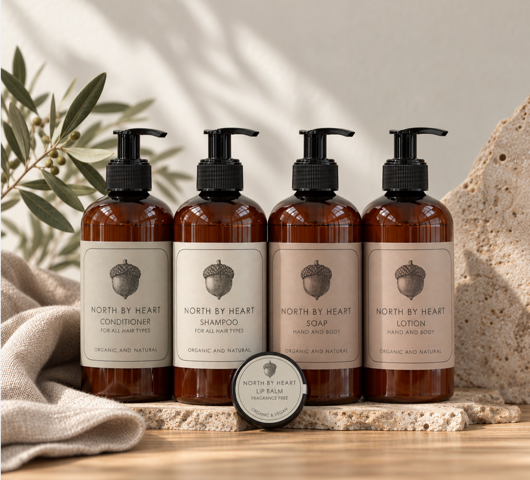 GAVESÆT Lip balm, Shampoo, Conditioner, Soap og Lotion.