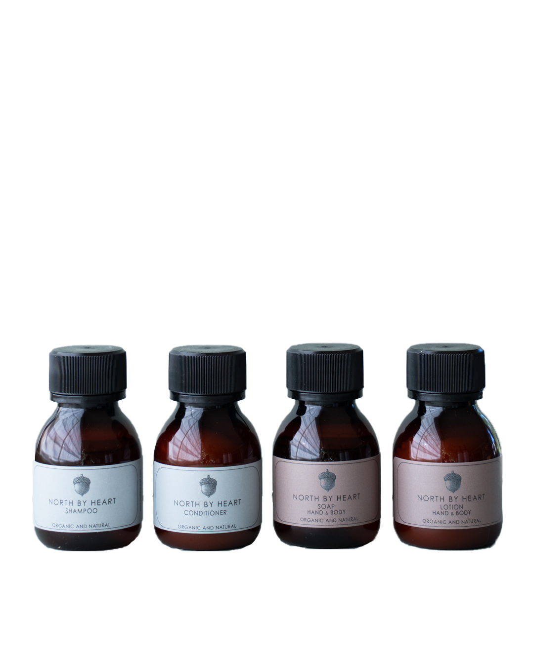 North by Heart rejsesæt travel kit, 50 ml. Shampoo, conditioner, lotion, hand og body sæbe. 